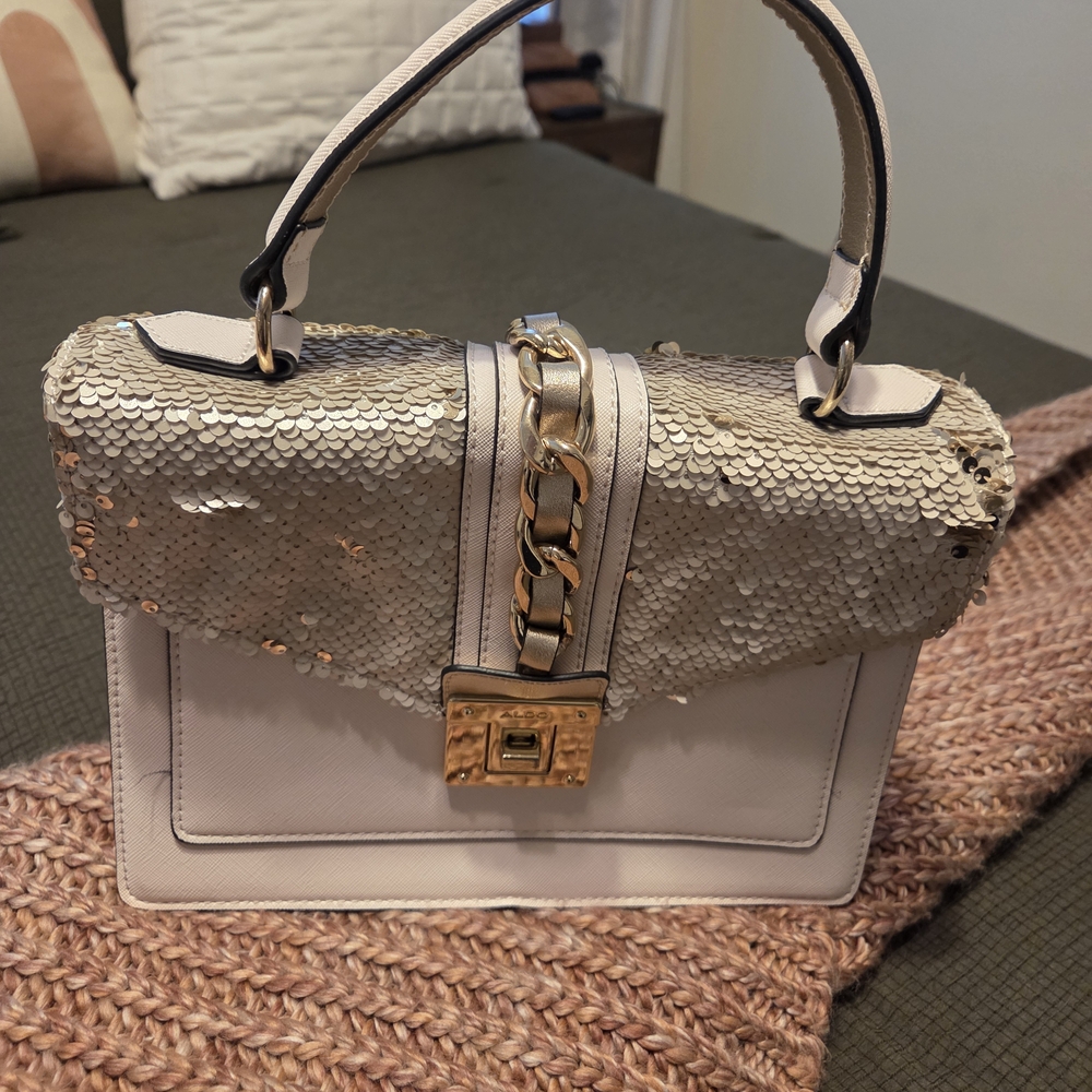 Aldo Sequin Embellished Satchel in Cream and Gold